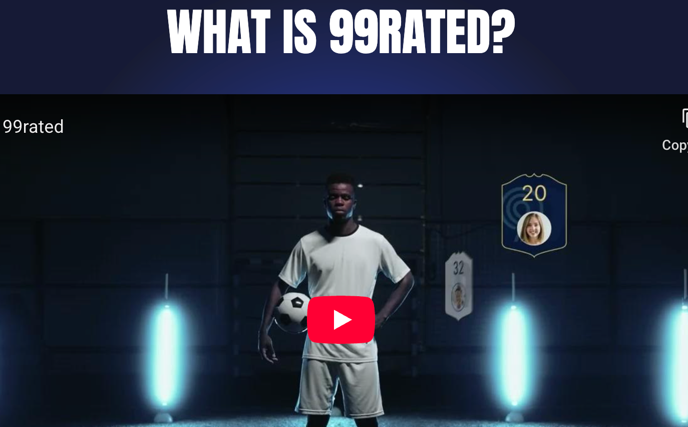 Video thumbnail with “WHAT IS 99RATED?” title, soccer player in white kit, and a 90-rated card on a dark background
