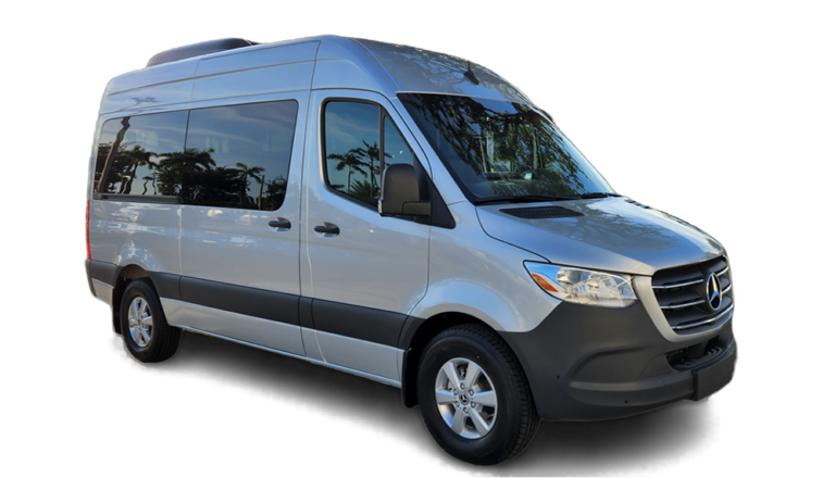 Silver passenger van on a white background.
