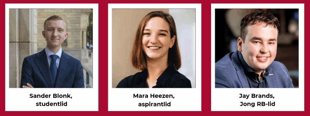 Drie portretten van de sprekers met hun namen eronder op een rode achtergrond: Sander, Nora en Jay.