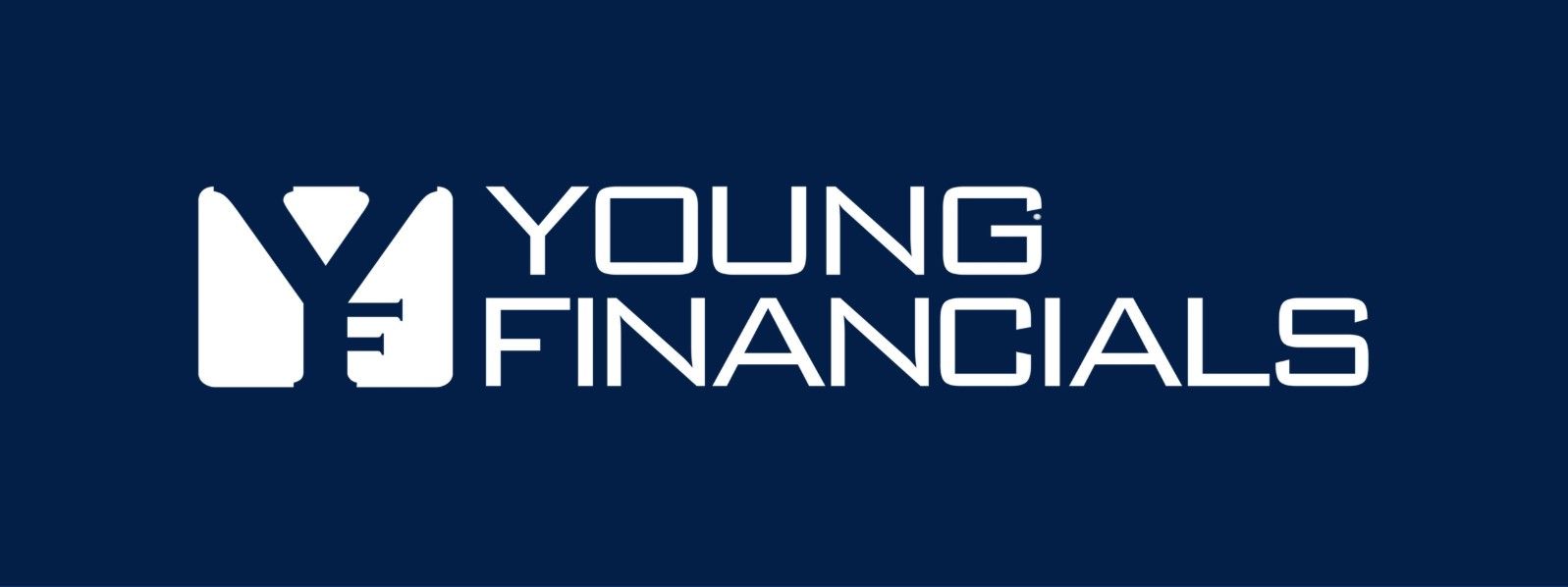 Logo voor Young Financials. Witte tekst en logo op een donkerblauwe achtergrond.