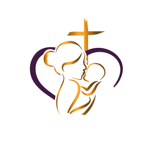 Gold outline of a mother holding a baby inside a purple heart with a gold cross in the background.