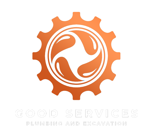 Orange gear logo with a swirling pattern and text "GOOD SERVICES - Plumbing and Excavation".
