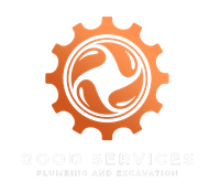 Orange gear logo with a swirling pattern and text "GOOD SERVICES - Plumbing and Excavation".