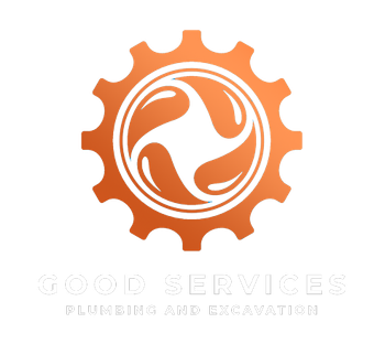 Orange gear logo with a swirling pattern and text "GOOD SERVICES - Plumbing and Excavation".