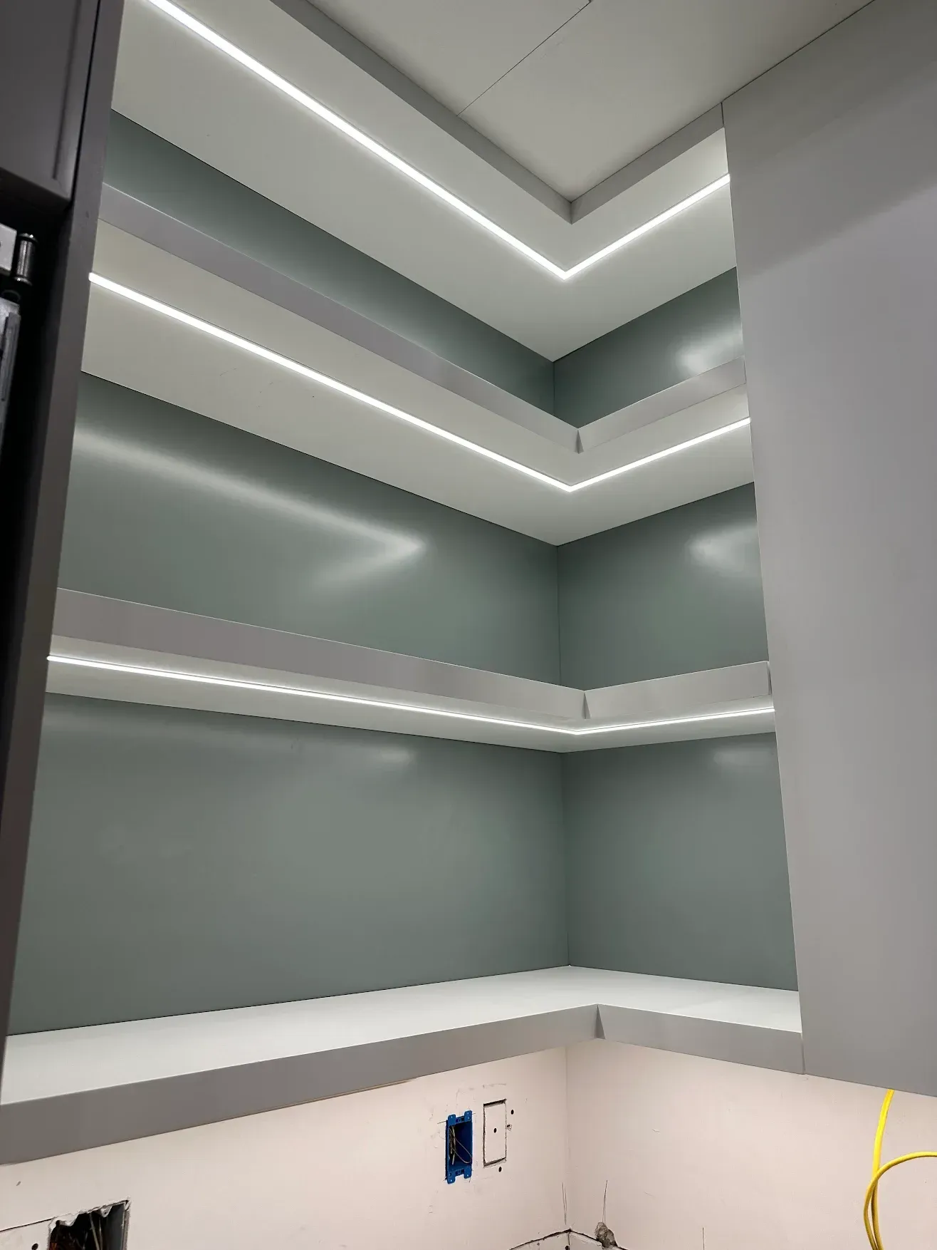A kitchen with a lot of shelves and lights on the ceiling.