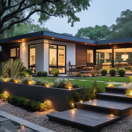 A modern house with stairs leading up to it