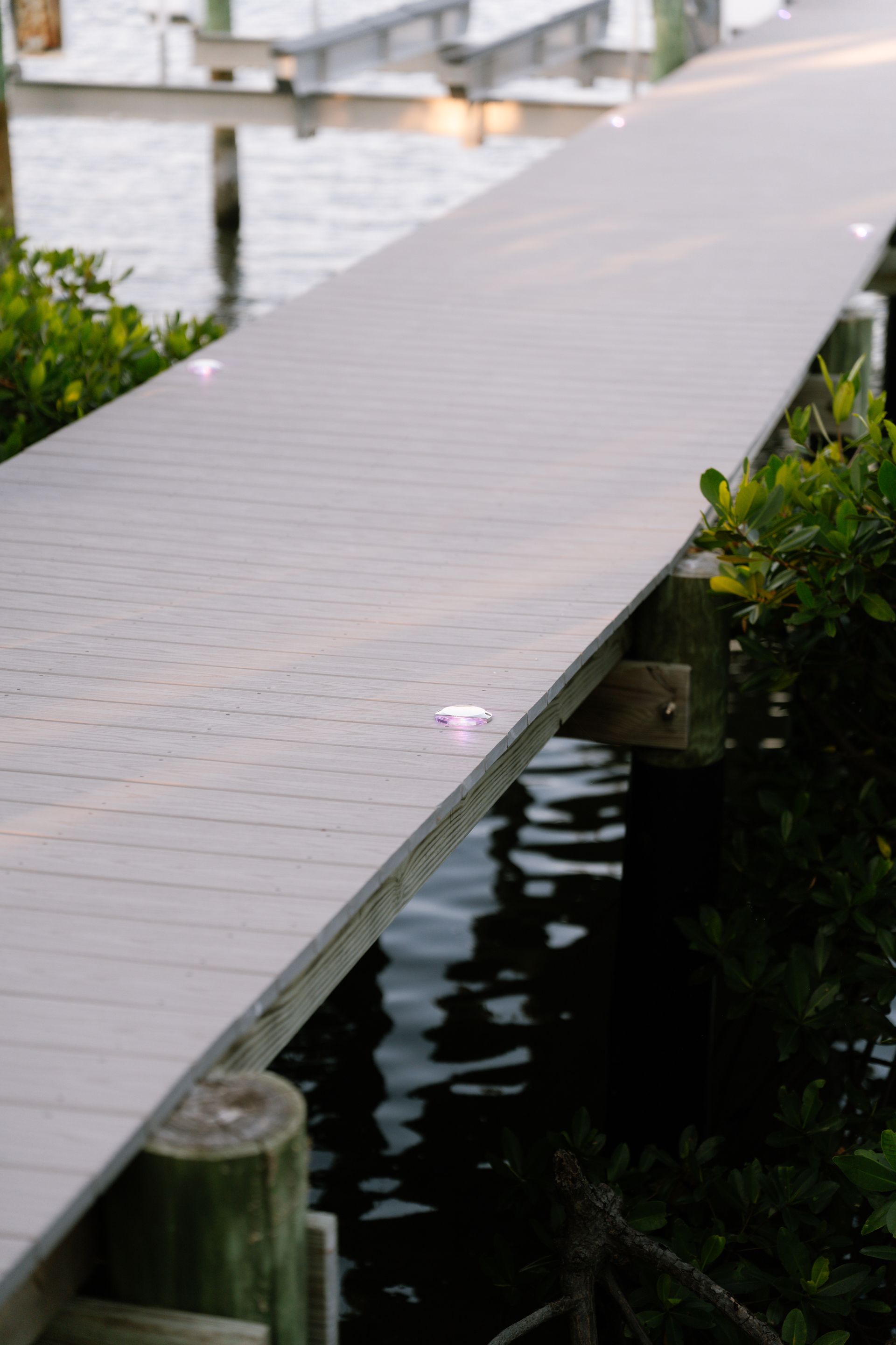 A wooden walkway leading to a body of water.