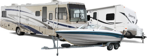 A rv and a boat are parked next to each other on a trailer.