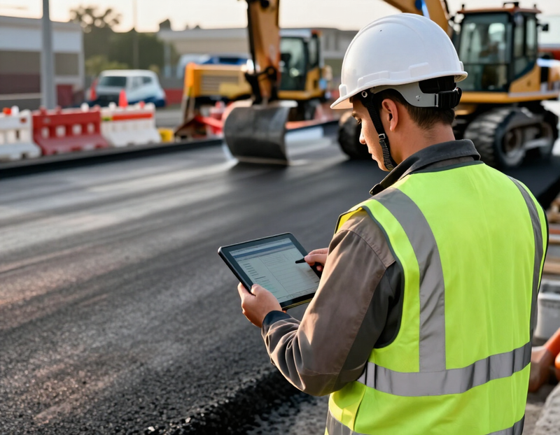 Crew member checking a tablet at a paving site