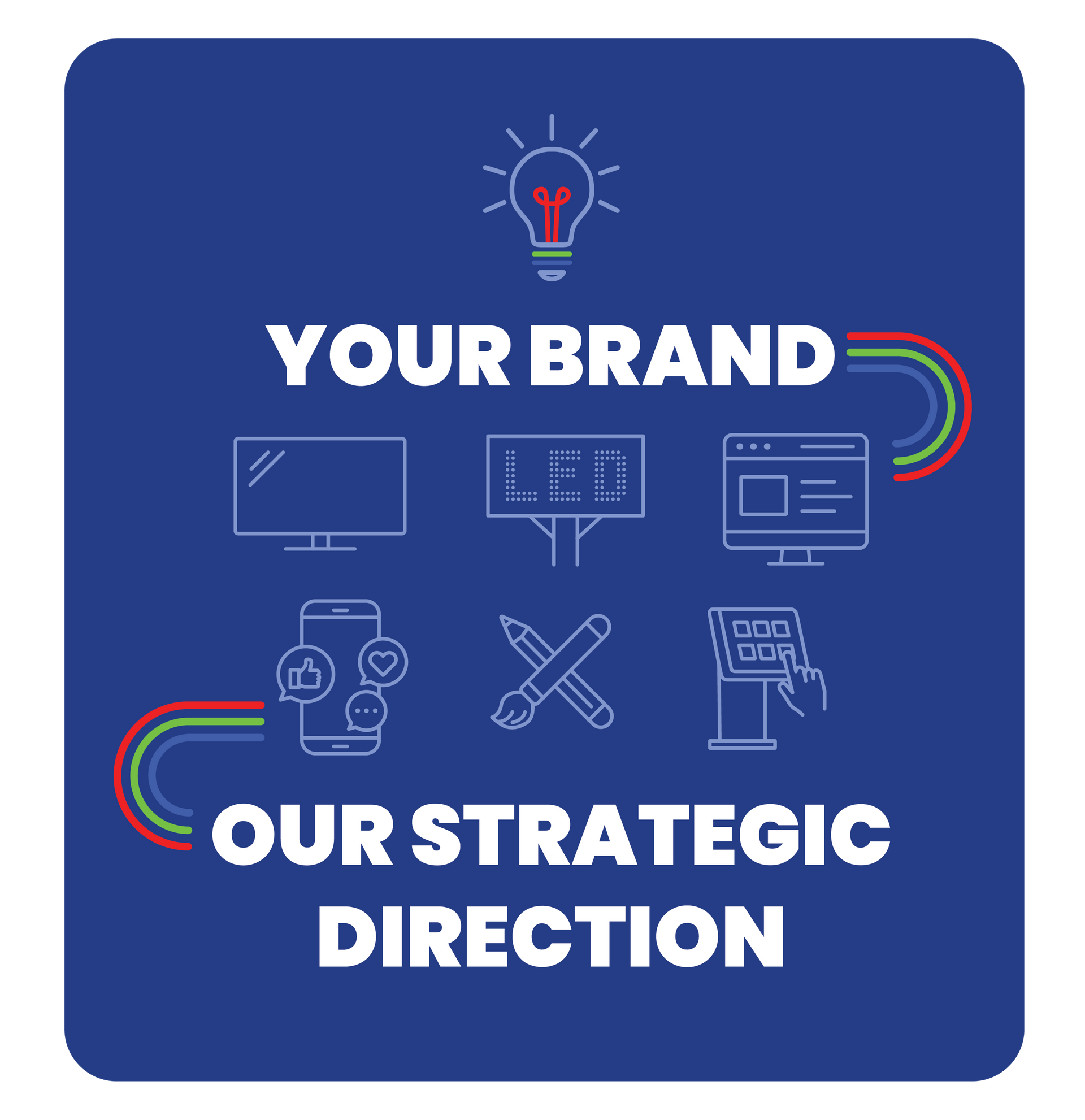 Blue branding graphic reading “YOUR BRAND” and “OUR STRATEGIC DIRECTION” with marketing icons and rainbow accents.
