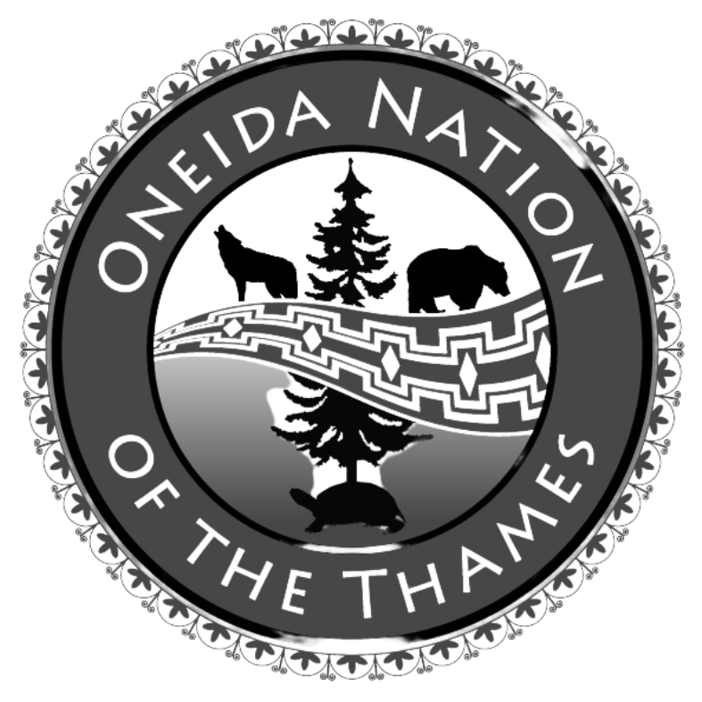 Oneida Nation of the Thames circular logo with deer, bear, and tree over a patterned band