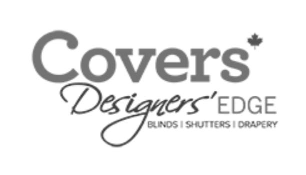 Covers Designers Edge logo with gray and black text, “Blinds | Shutters | Drapery” tagline