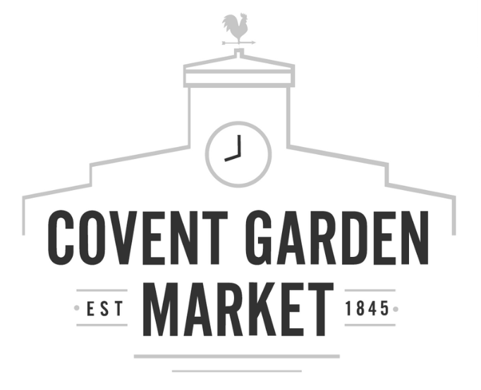 Covent Garden Market logo with a clock tower and EST 1845 in black and gray