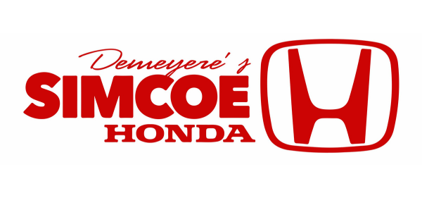 Demeray Simcoe Honda logo in red with Honda emblem on white background