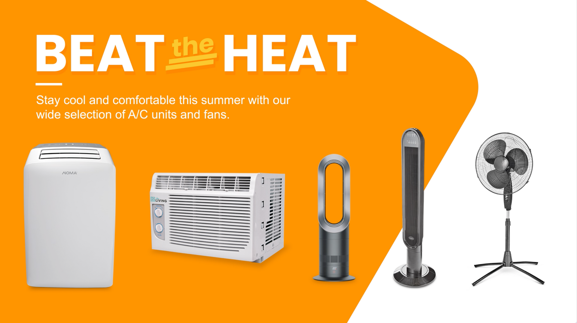 “Beat the Heat” promo with white and orange air coolers, tower fans, and a standing fan on an orange background