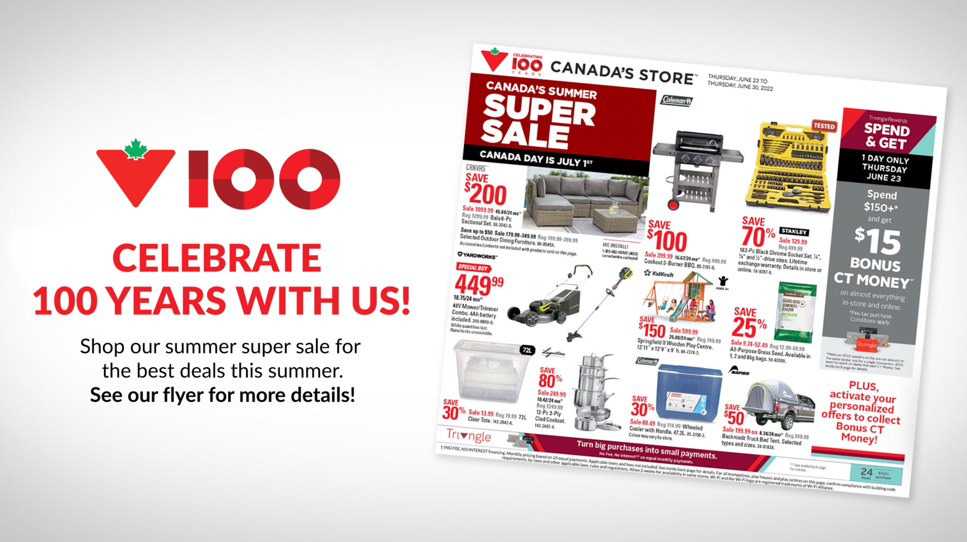 100 Years celebration ad with red Canadian Tire logo and a supermarket flyer featuring sale items and prices