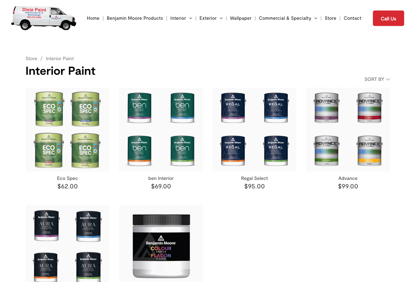 Interior paint product page showing multiple paint cans arranged in rows on a white background