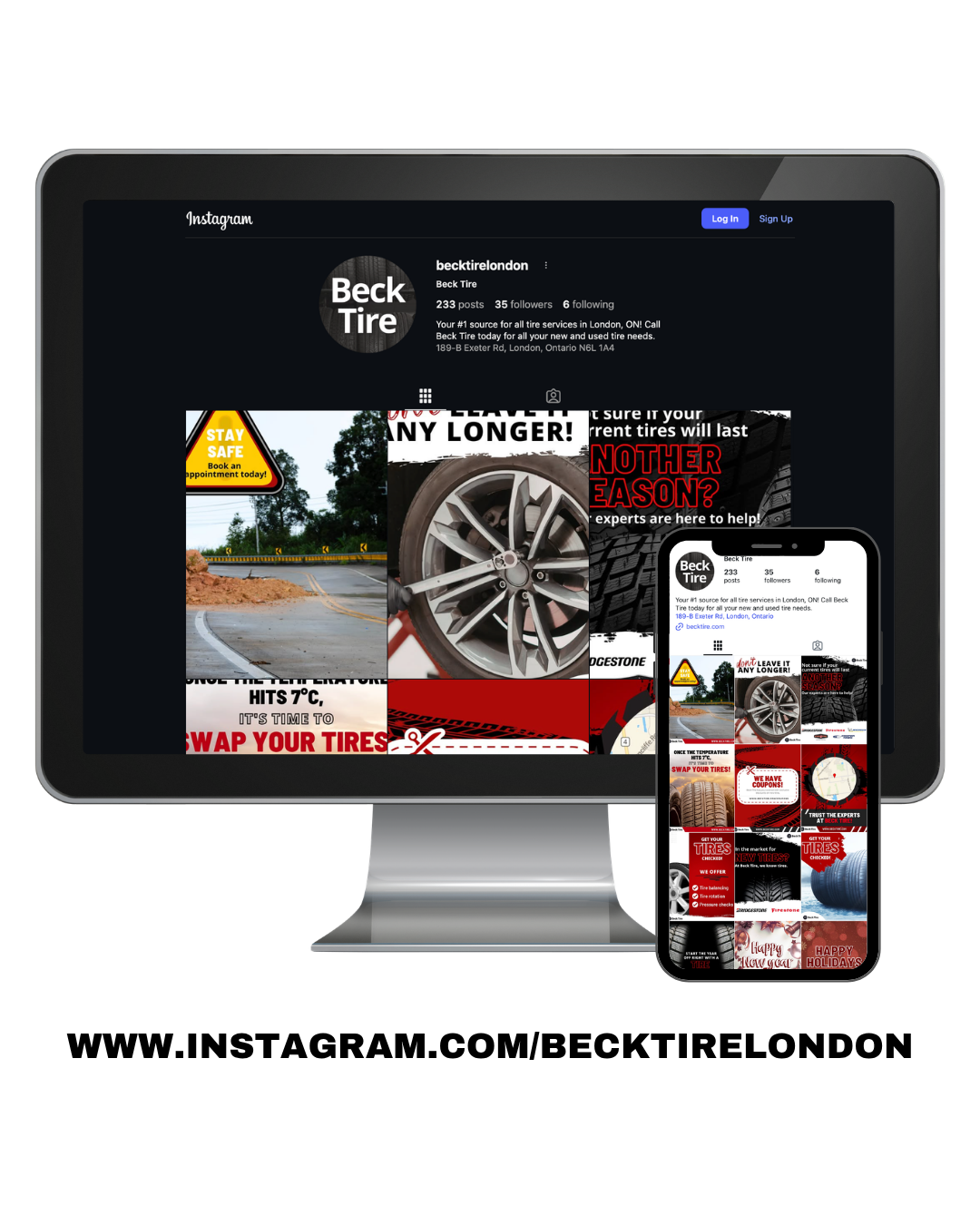 Tablet and phone showing Beck Tire social media, with tire ad and Instagram handle below.