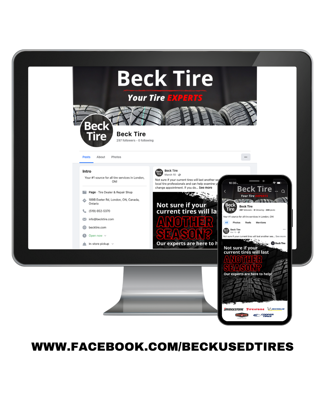 Beck Tire Facebook page displayed on desktop, tablet, and phone with tire banner and website URL below