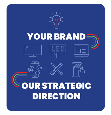 Blue branding graphic reading “YOUR BRAND” and “OUR STRATEGIC DIRECTION” with marketing icons and rainbow accents.