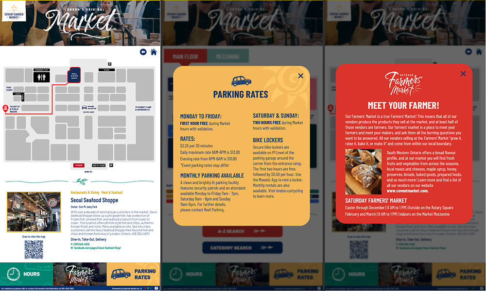 Three mobile screens showing a market map and event details in white, yellow, and red panels