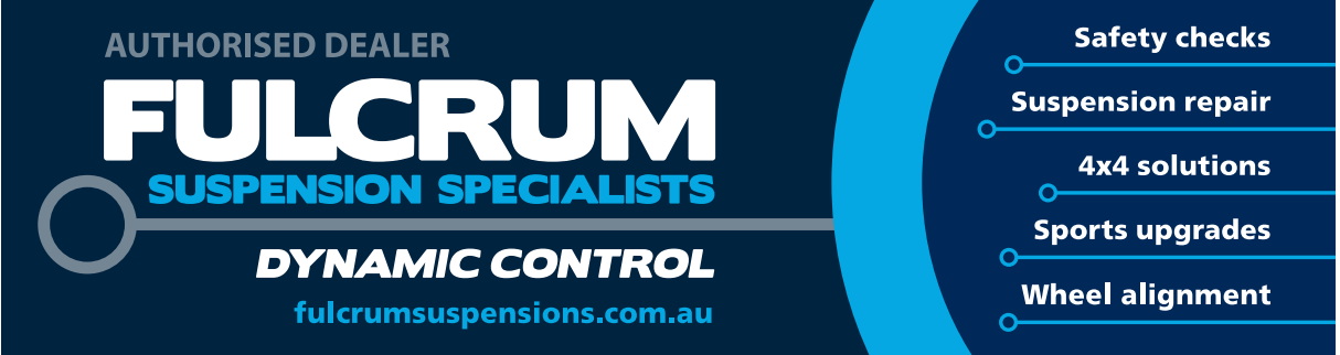 Blue banner for Fulcrum suspension specialists with service offerings: safety checks, repair, 4x4 solutions, upgrades, alignment.