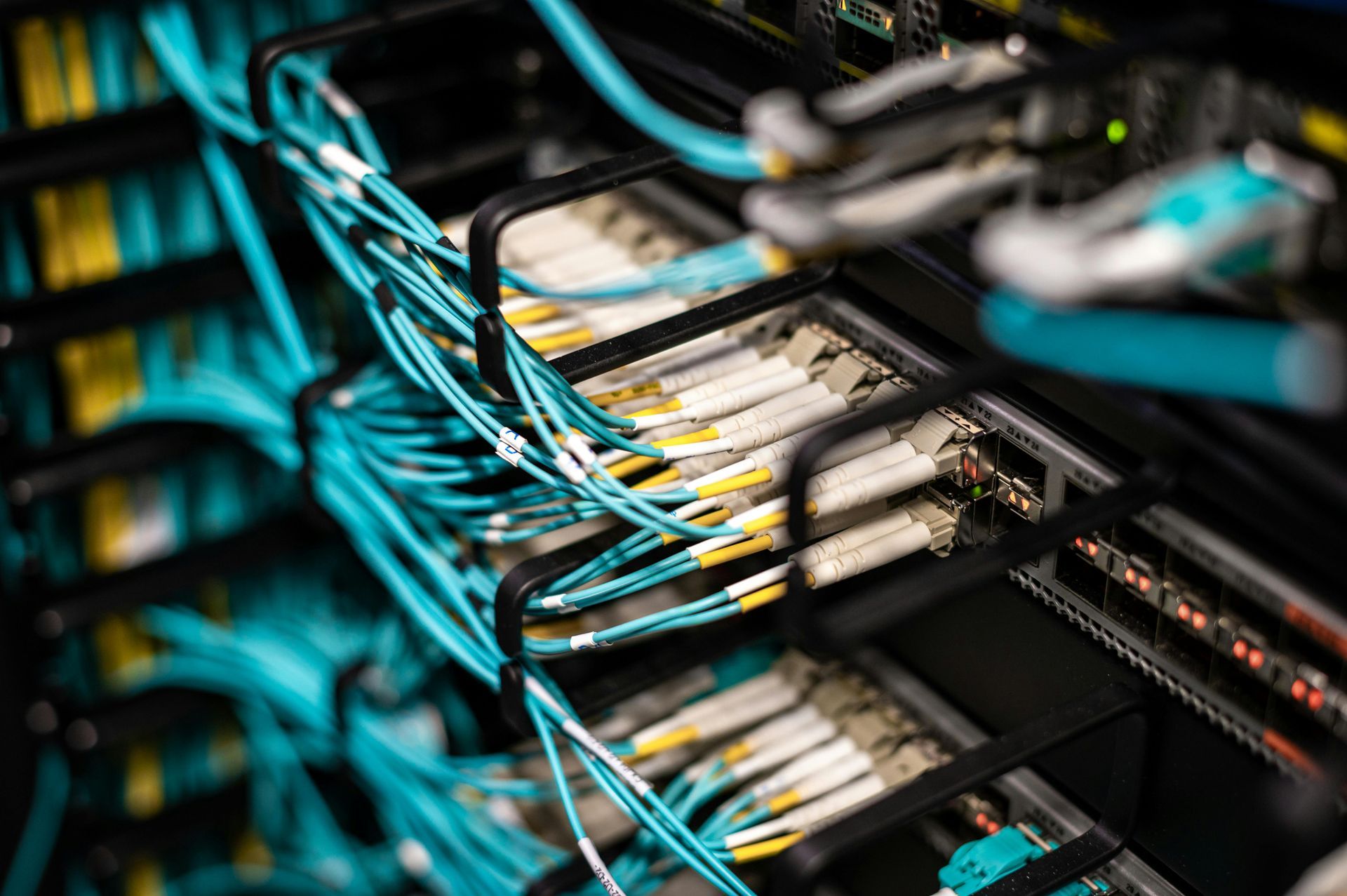 Blue and yellow cables plugged into server rack.