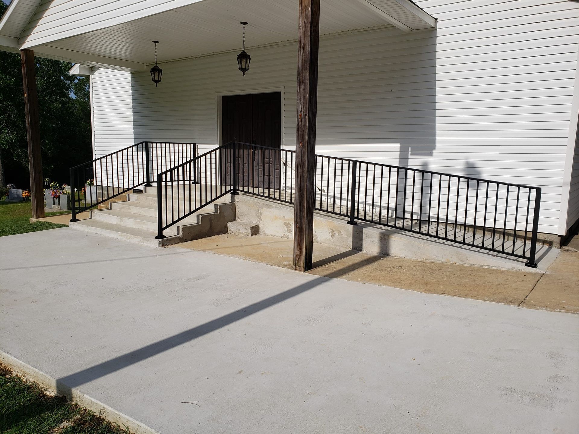 There is a ramp leading to the front of the church.
