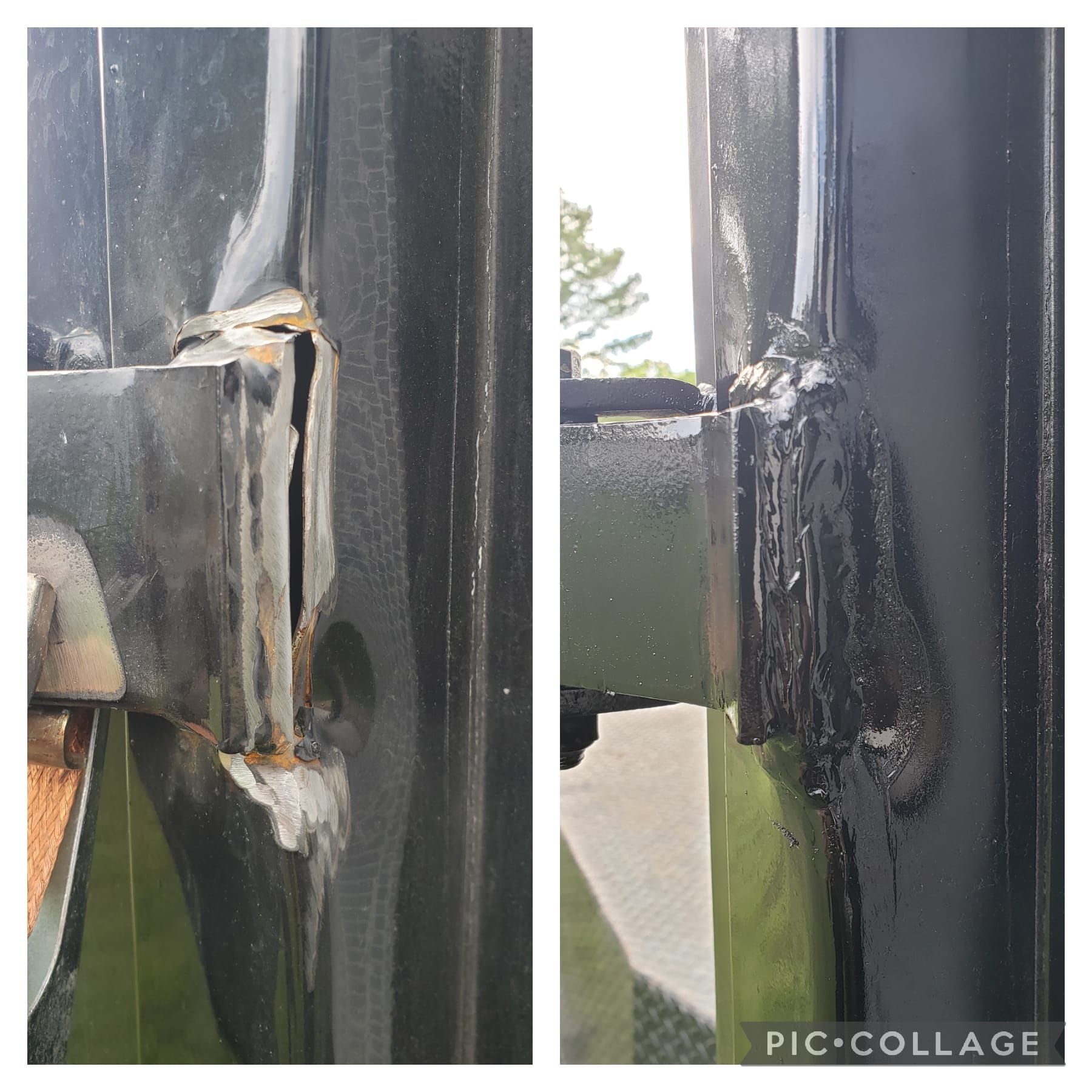 A picture of a door before and after being repaired.