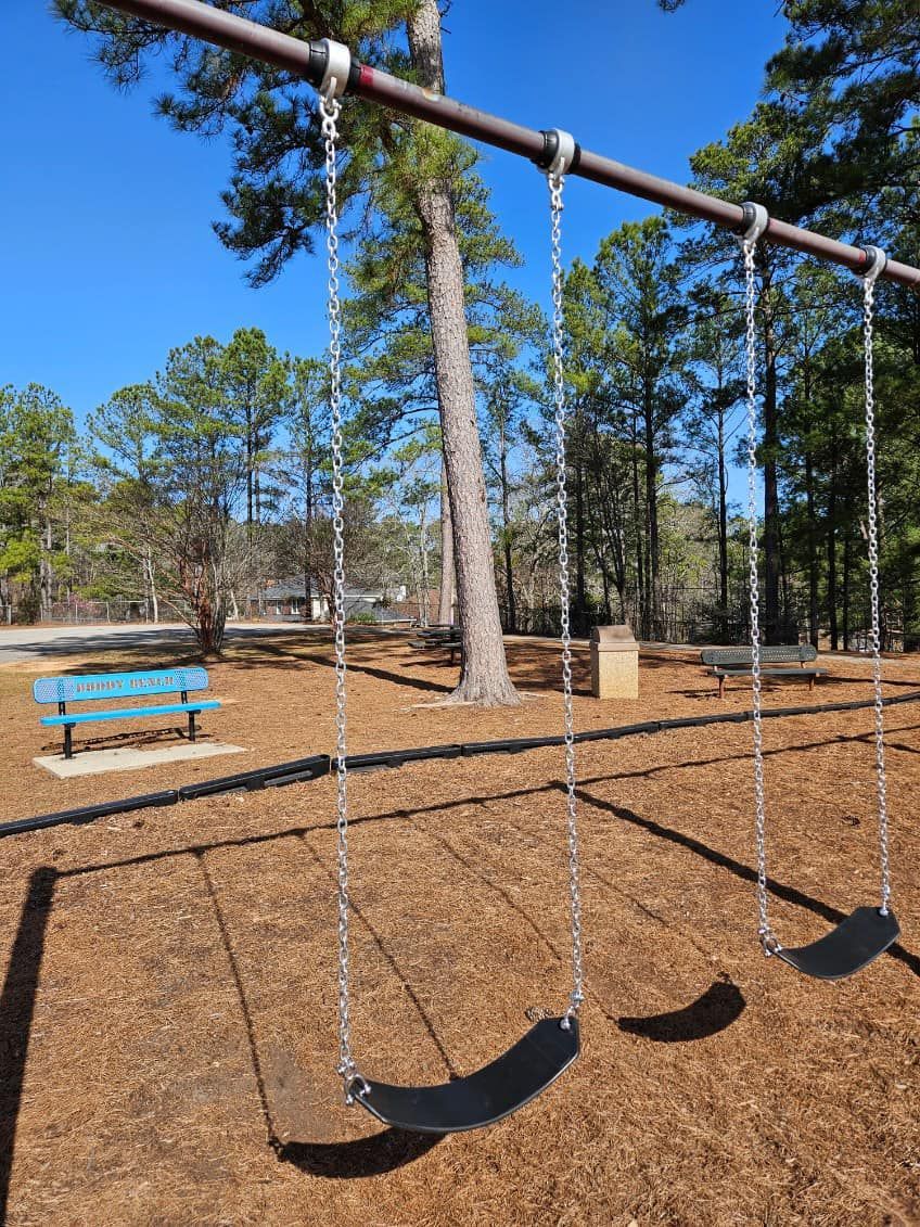A row of swings in a park with trees in the background