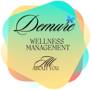 Logo for Demure Wellness Management, featuring text on a colorful overlapping shape, with a butterfly.