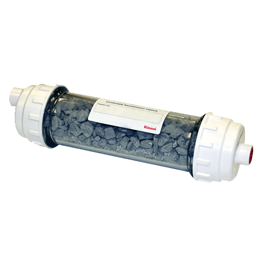 Water filter cartridge with gray granules inside a clear plastic cylinder, white ends.