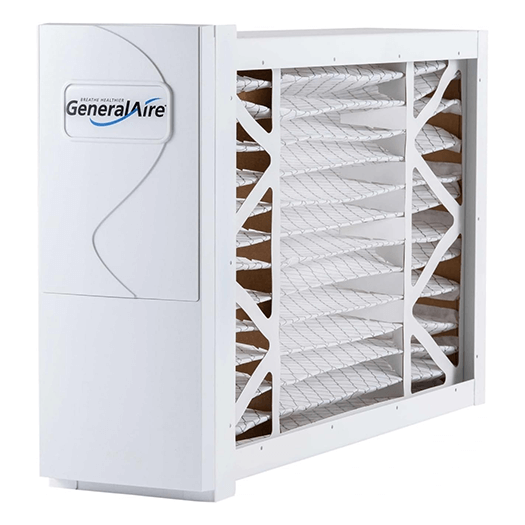 White GeneralAire air filtration system with pleated filter exposed.