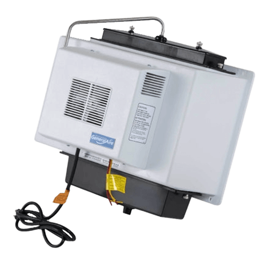 White ceiling-mounted air conditioner with a black power cord and metal handle.