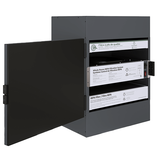 Dark gray equipment cabinet with open door, three labeled shelves.