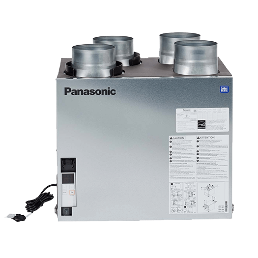 Silver Panasonic ventilation unit with four duct connections on top.