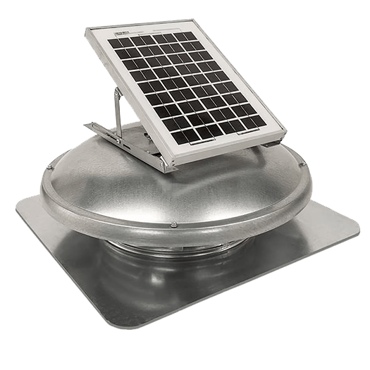 Solar-powered roof vent with a solar panel on top. Metallic silver finish.