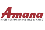 Logo for Amana appliances, red text on white, tagline below: