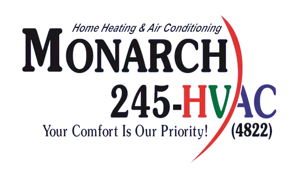 Logo for Monarch HVAC, with the name and phone number. Red, green, and blue accents.
