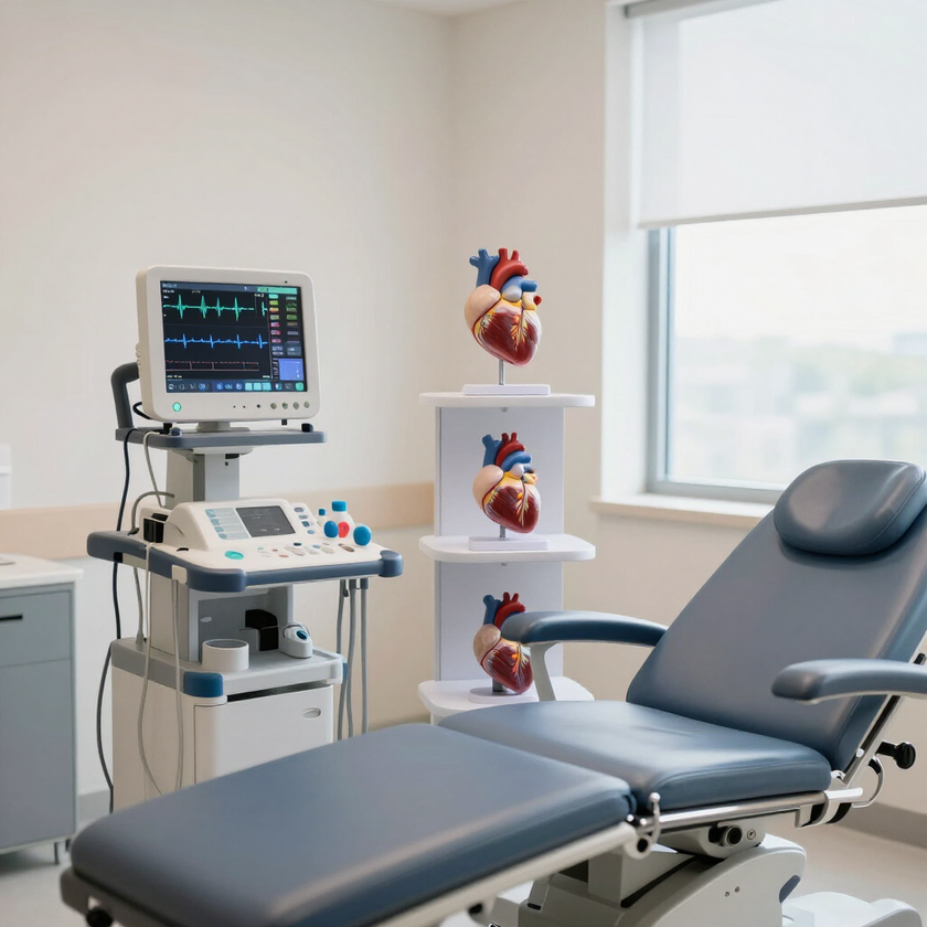Medical exam room with patient chair, monitor, and anatomical heart models near a window