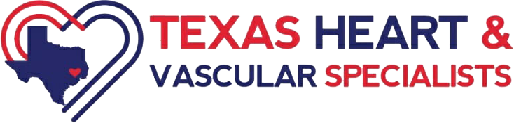 Texas Heart & Vascular Specialists logo with red and blue heart outline and Texas silhouette