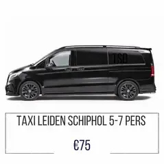 Zwarte taxibus voor airport transfer van Leiden naar Schiphol voor 5-7 personen, vaste prijs €75.
