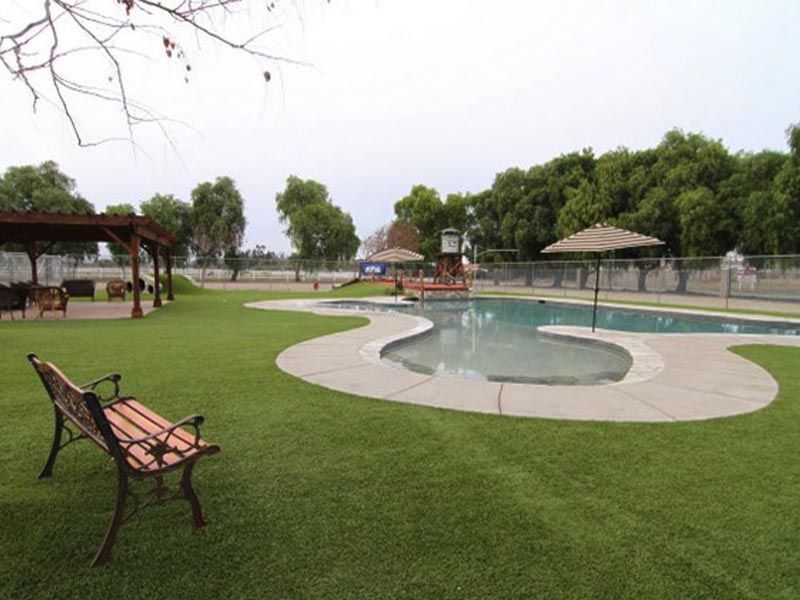 Park lawn with a curved swimming pool, benches, gazebos, and trees under an overcast sky