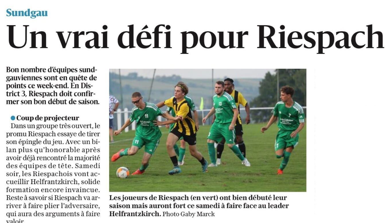 A newspaper article titled un vrai defi pour riespach