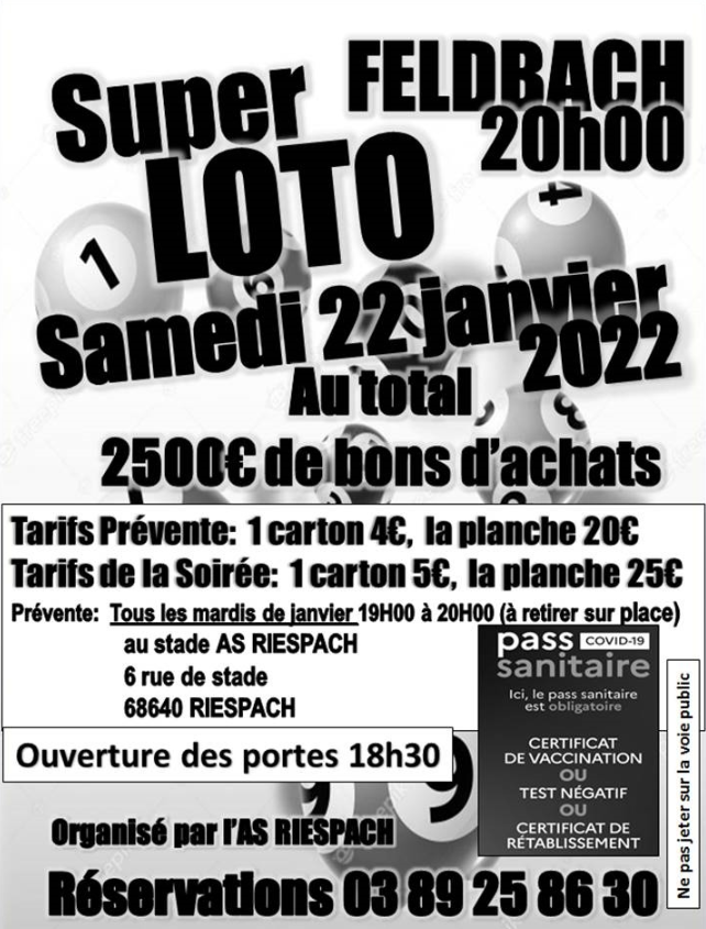 A poster for a super loto samedi 22 janvier 2022 au total.