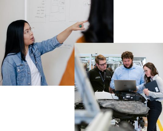 Woman pointing at a whiteboard, people looking at a laptop and car engine.