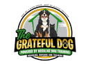 Logo: Dog and cat, green and gold frame, text "The Grateful Dog" with "Boarding, Daycare, and Training".