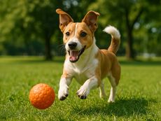 Dog running towards an orange ball on a grassy lawn, happy expression.