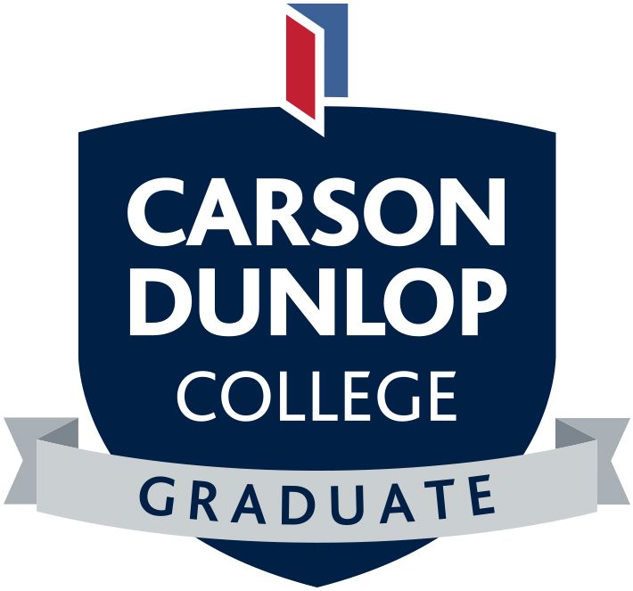 A navy blue crest logo with the text