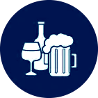 A bottle of wine , a glass of wine , and a mug of beer in a blue circle.